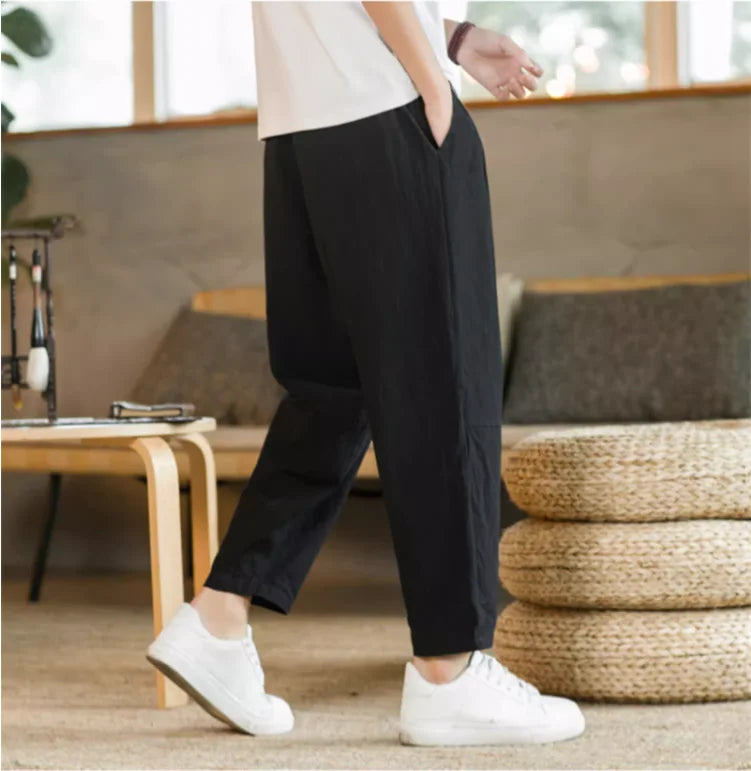 New Cotton Linen Mens Pants Casual Solid Color Breathable Streetwear Loose Straight Drawstring Baggy Lightweight Sport Pants.