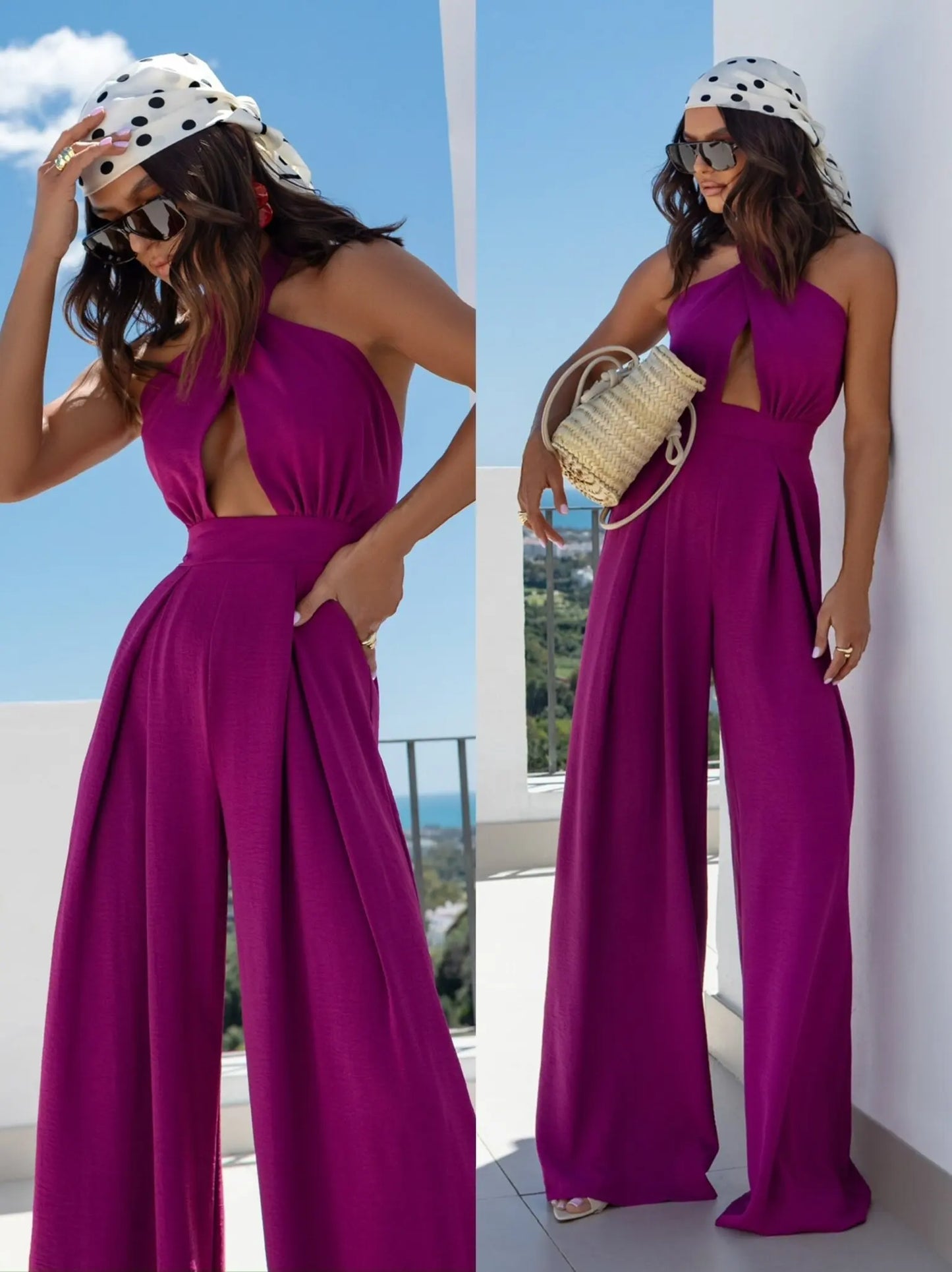 2025 Summer Female Jumpsuits Solid Color Hollow Out But Cross Halter Collar Backless Sexy Lady Wide Legs Jumpsuit Long Pants.