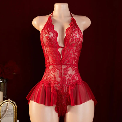Backless Sexy Crotchless Teddy Bodysuits Lace Transparent Babydolls Nightwear Women Erotic Costume One-piece Deep V Hot Lingerie.