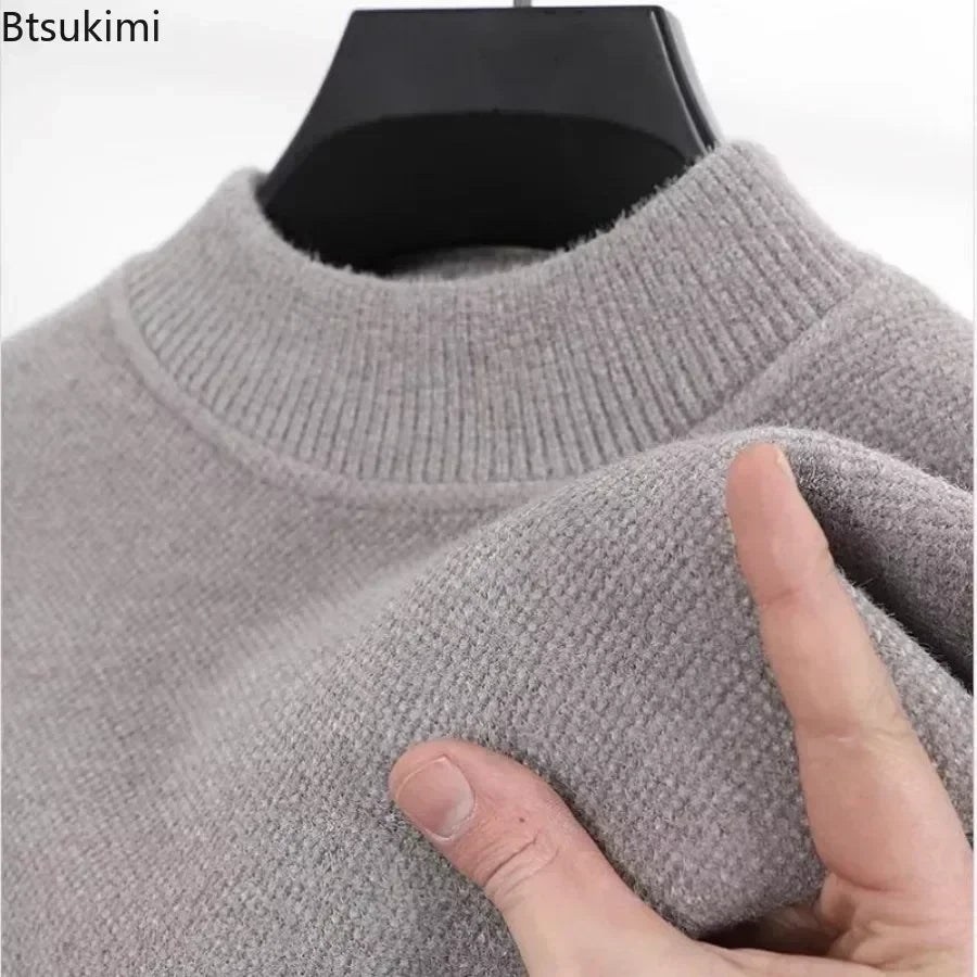 New 2025 Men's Cashmere Sweater Warm Thickened Winter Casual Solid Knitted Pullovers Mock Neck Thicker Fleece Sweater for Men.