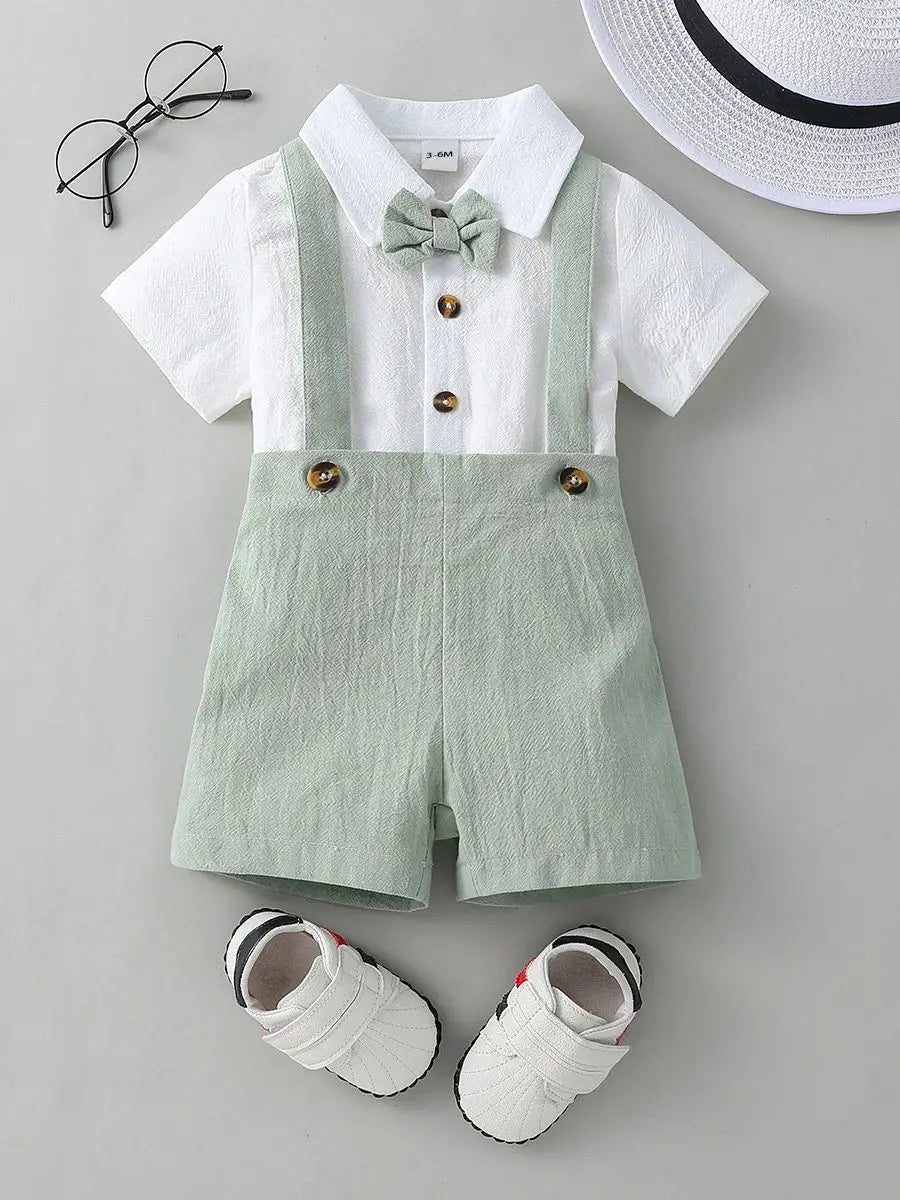 2-teiliges Gentleman-Outfit für Babys, einfarbig, kurzärmeliges Hemd mit Fliege und Overall, Shorts-Set für formelle Kleidungssets.