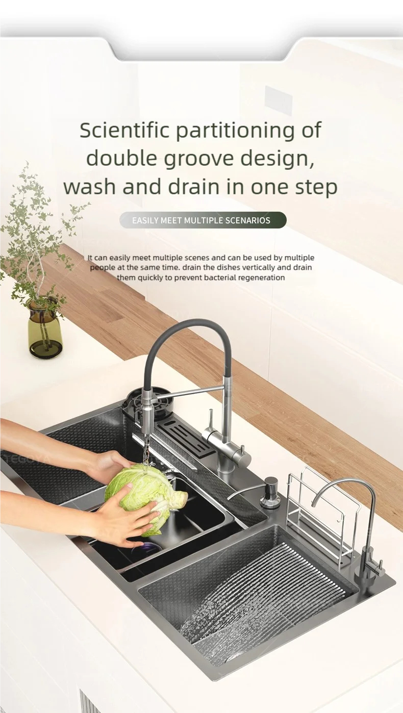 Waterfall Kitchen Sink Stainless Steel Large Double Slot With Chopping Board Rack Knife Holder Multifunctional Dishwash Basin