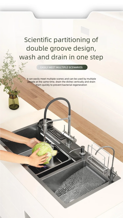 Waterfall Kitchen Sink Stainless Steel Large Double Slot With Chopping Board Rack Knife Holder Multifunctional Dishwash Basin