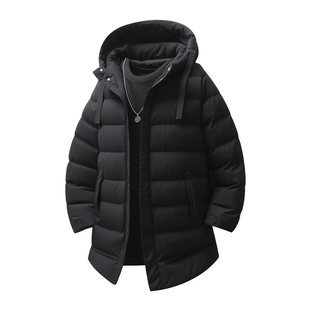 New Winter Men's Mid-Length Cotton-Lined Coat Business-Casual Windproof Warmth Fashionable Hooded Jacket Stylish Menswear.