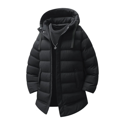 New Winter Men's Mid-Length Cotton-Lined Coat Business-Casual Windproof Warmth Fashionable Hooded Jacket Stylish Menswear.