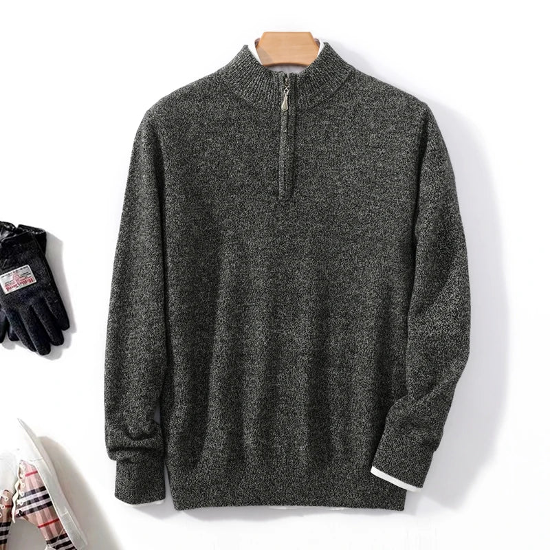 Autumn Winter Men's 100% Merino Wool Sweater Mock Collar Half Zip Knitted Pullover Cashmere Sweatshirt Casual Long Sleeved Tops.