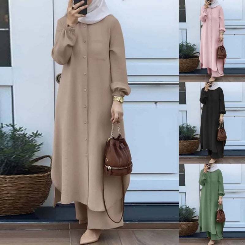 Mandylandy Muslim Robe Long Shirts Women Islamic Clothing Arabian 2 Piece Set Outfits Long-sleeve Shirt and Trousers Sets.