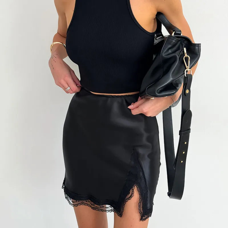 New Lace Patchwork Fashion Mini Skirt Split High Waist Sexy Black Skirt Summer Office Lady Skirt High Street Short Skirt Women.