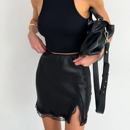 New Lace Patchwork Fashion Mini Skirt Split High Waist Sexy Black Skirt Summer Office Lady Skirt High Street Short Skirt Women.