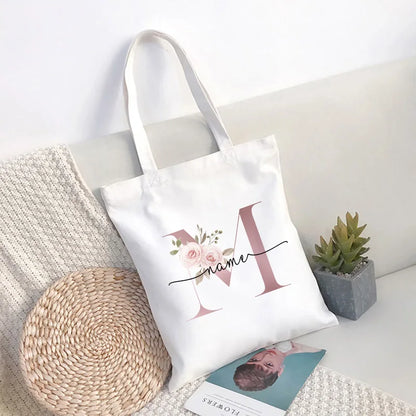 Custom Name White Canvas Tote Bag Large Capacity Foldable Supermarket Shopping Bag for Women Shopper Personalized Handbags