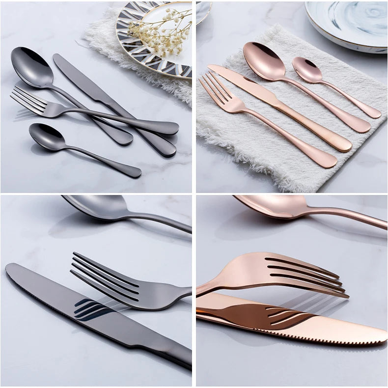 24pcs Golden Tableware Set Light Luxury Stainless Steel Cutlery Fork Knife Spoon Dinnerware Set Minimalist Decor with Gift Box.