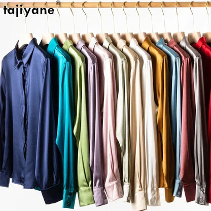Tajiyane Damen-Langarmshirt aus 93 % Maulbeerseide, 7 % Elasthan, 19 Momme, Satin-Seidenknöpfe, Oberteil, Bluse, Büroarbeit, Chemise Femme