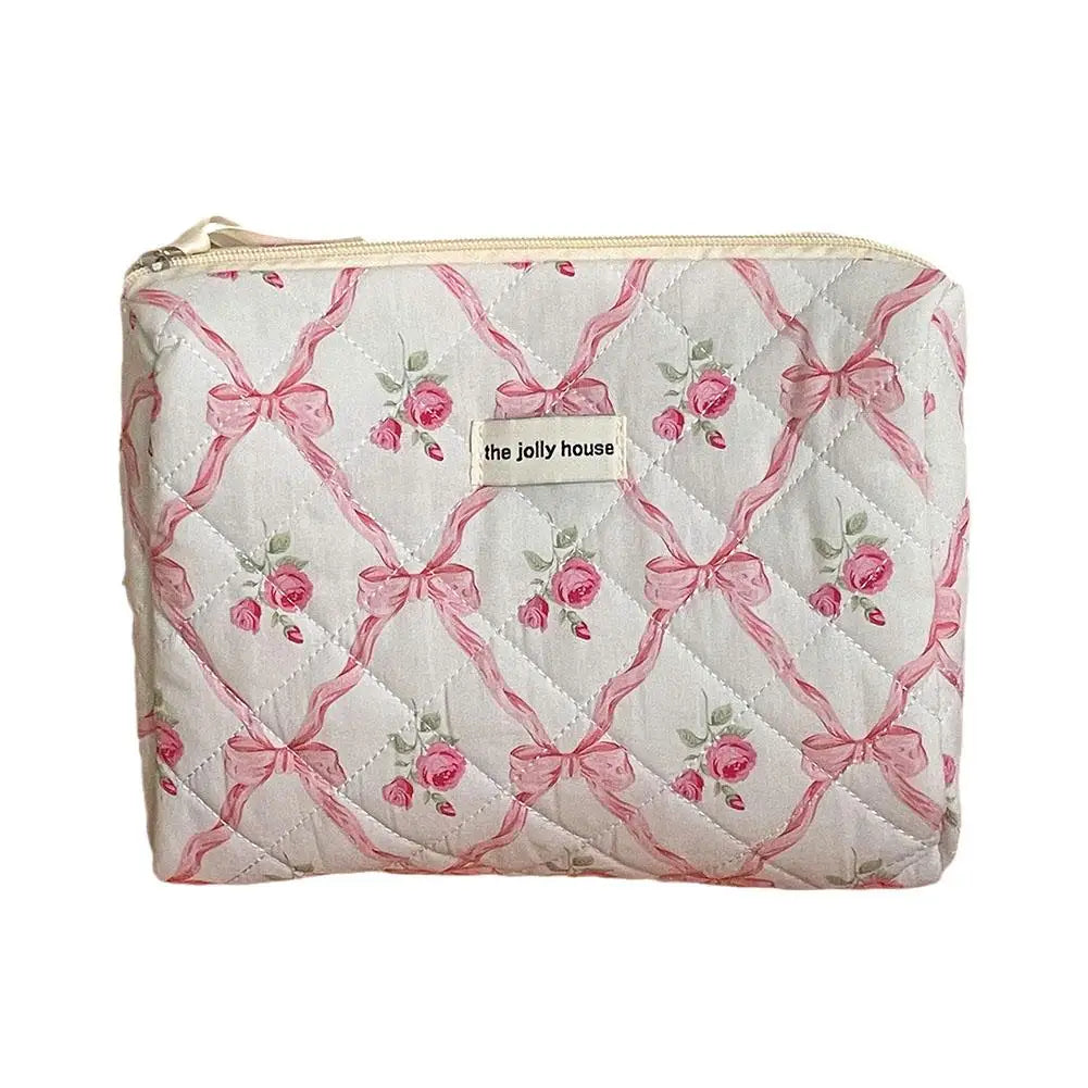 Cute Bow Flower Quilting Makeup Bag Women Zipper Cosmetic Organizer Female Cloth Handbag Portable Toiletry Case For Girls.