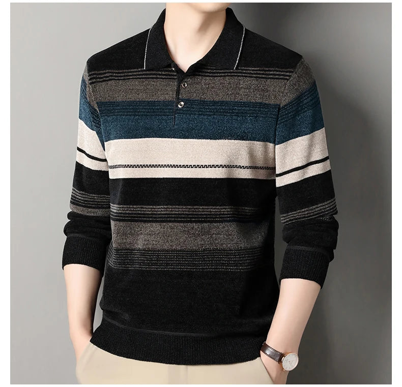 Men's Lapel Knit Pullover Sweater Autumn Winter Thick Warm Tops Casual Polo Collar T-shirt Knitting Polo Sweaters.