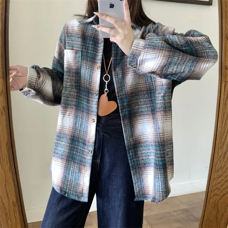 Zjaiss Women Thick Woolen Plaid Blouse Loose Long Sleeved Tops 2025 Autumn Winter New Casual Shirt Long Shirts