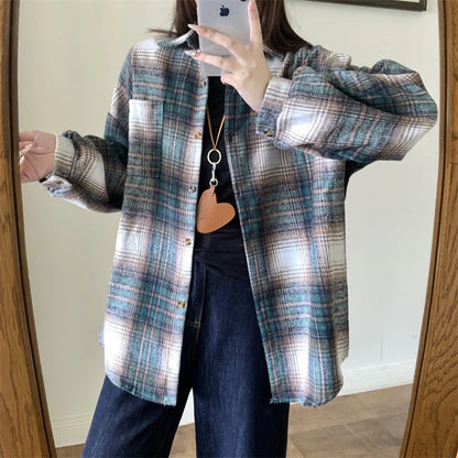 Zjaiss Women Thick Woolen Plaid Blouse Loose Long Sleeved Tops 2025 Autumn Winter New Casual Shirt Long Shirts