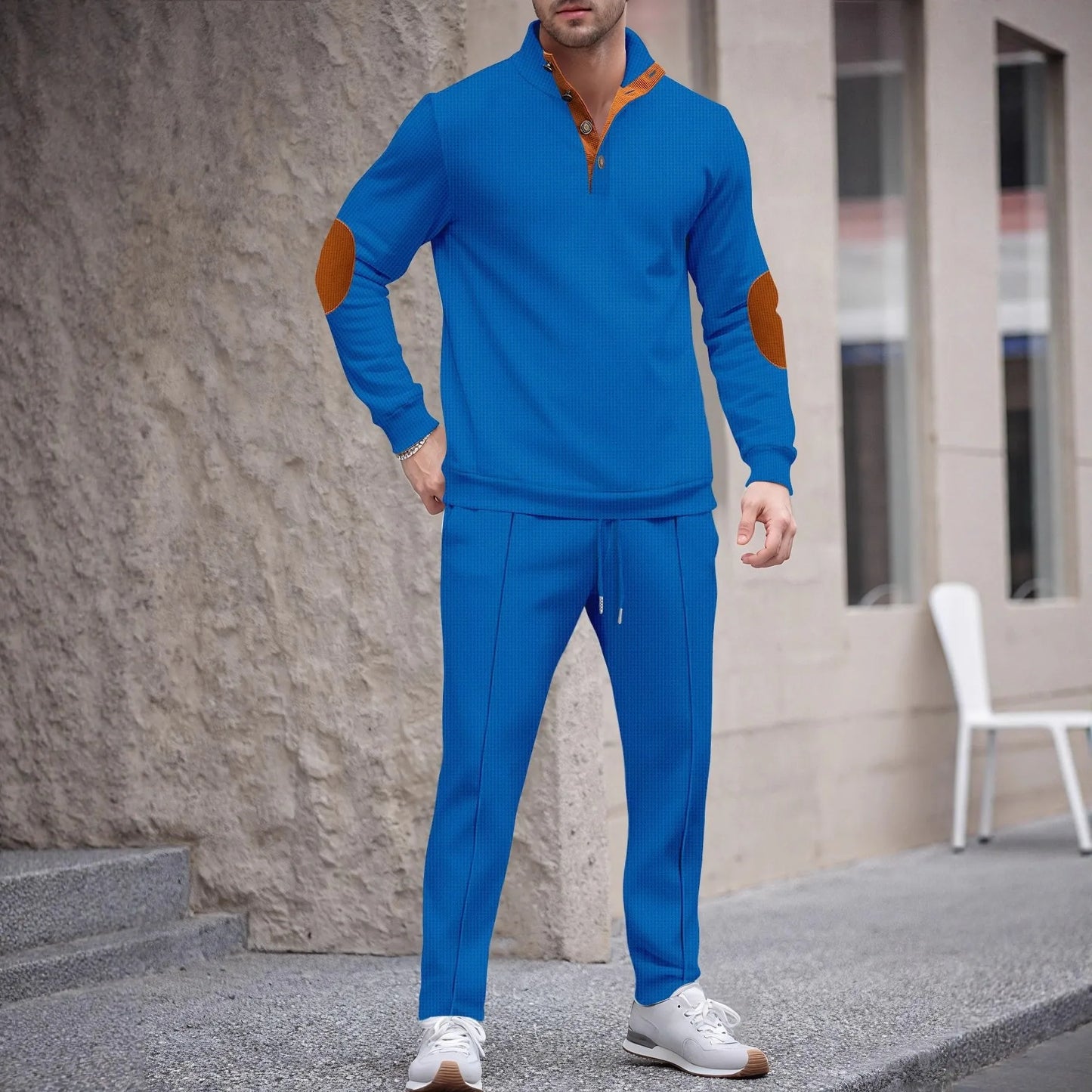Men's new autumn style American stand-up collar button elbow patch color-block long-sleeve hoodie and pants set.