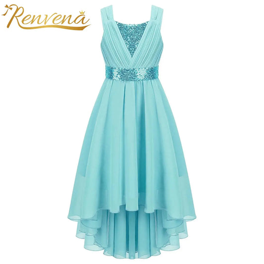 Kinder Blumenmädchenkleid Ärmellos Pailletten Hi-Low-Saum Abendkleid Elegantes Chiffon Prinzessin Geburtstag Formales Hochzeitskleid