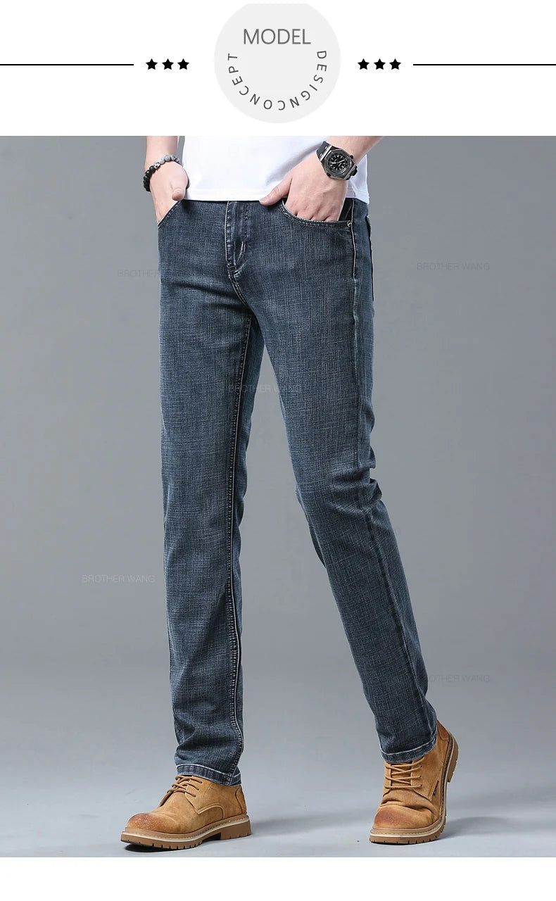 Spring Men's Light Blue Slim Jeans Stylish Casual Stretch Fabric Denim Pants Classic Trousers Smoke Gray.