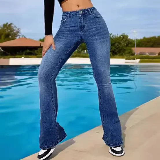 High Waist Slim Fit Denim Jeans Women's Fashionable Bell Bottoms Elastic Cross-Border New Arrival Hot Sale Of The Season Elegant.