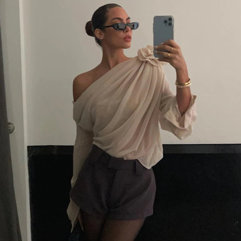 WhereMery Sexy Irregular Oblique-neck Flower Applique T Shirt Summer Off Shoulder Fashion Long Sleeve Crop Tops Street Mesh Tees.