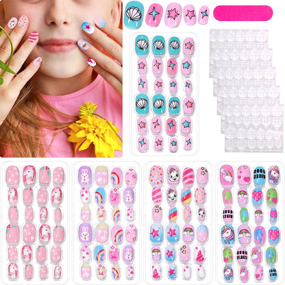 120Pcs Children's Press on Nails Kids Cartoon Acrylic Fake Nails Tips Kawaii Girl Full Cover Short False Nails With Jelly Glue#@.