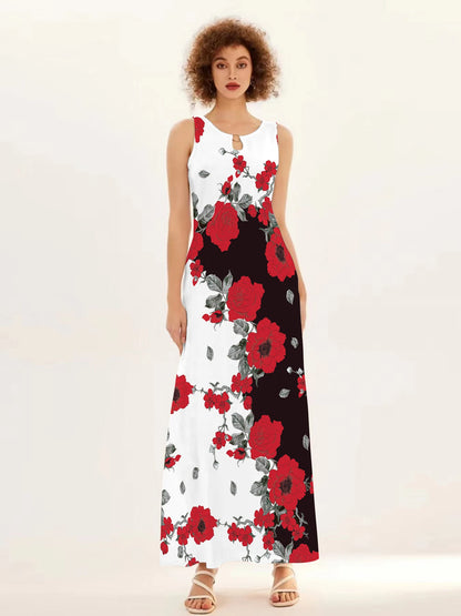 Blumendruck Neues lässiges ärmelloses langes Kleid Damen V-Ausschnitt bedrucktes Kleid Swing Bohemian Retro Kleider