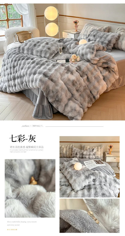 2024 new solid color colorful rabbit wool four-piece set, one side of rabbit fur and one side of milk wool thickened warm