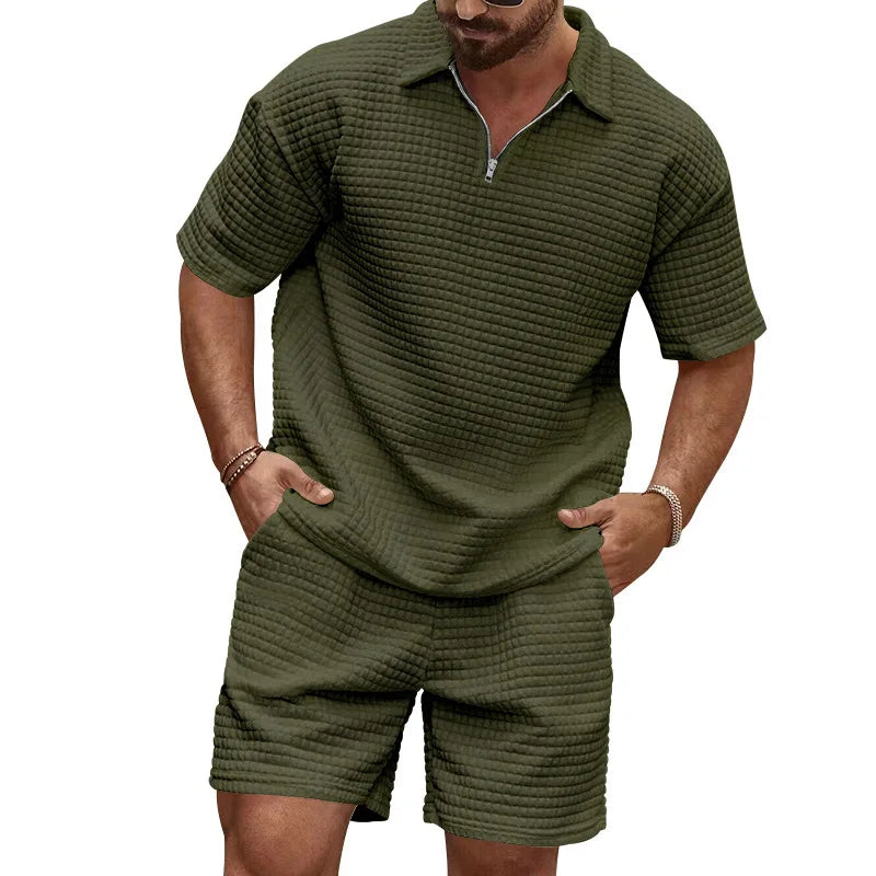 2024European and American Men's Spring and Summer Trends Youth Outdoor Lapel Small Plaid Short Sleeve Shorts Sports Suit.