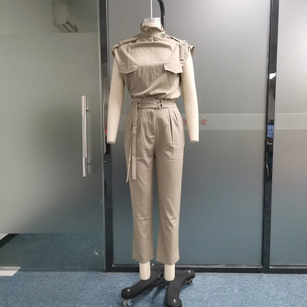 Spring Summer New Women's Clothing Personalized Shoulder Slimming Waist-Slimming Belt Decoration Blouse Top Pants Set.