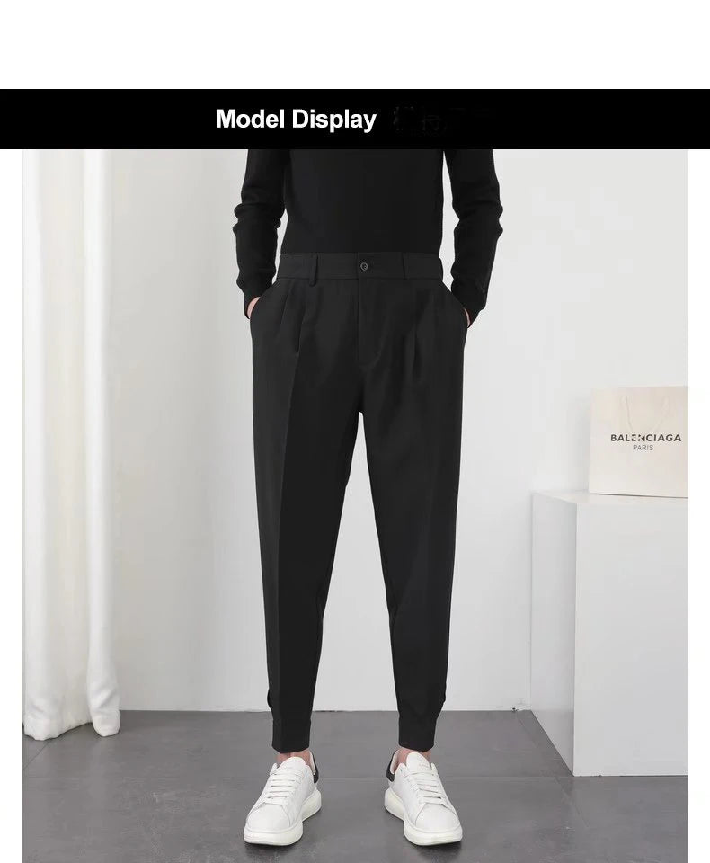 Fashion Men Casual Pants Elastic Waist Small Feet Slim Korean Style Pleated Tapered Male Blazer Pants Trousers Streetwear.