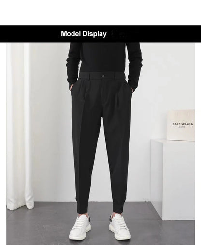 Fashion Men Casual Pants Elastic Waist Small Feet Slim Korean Style Pleated Tapered Male Blazer Pants Trousers Streetwear.