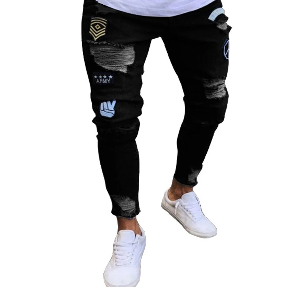 White Embroidery Skinny Ripped Jeans Men Cotton Stretchy Hole Slim Fit Hip Hop Denim Pants Casual Jeans for Men Jogging Trousers.