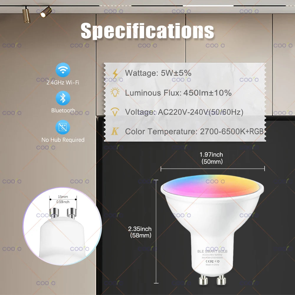 Tuya WiFi GU10 Smart LED Glühbirne Bluetooth GU10 Dimmbare Lampen Smart Life App Control Spotlight Glühbirne Funktioniert mit Alexa Google.