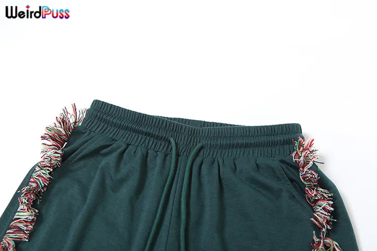 Weird Puss Casual Sporty 2 Piece Set Women Letter Embroidery Crop Tops+Side Tassel Straight Pants Matching Streetwear Tracksuits