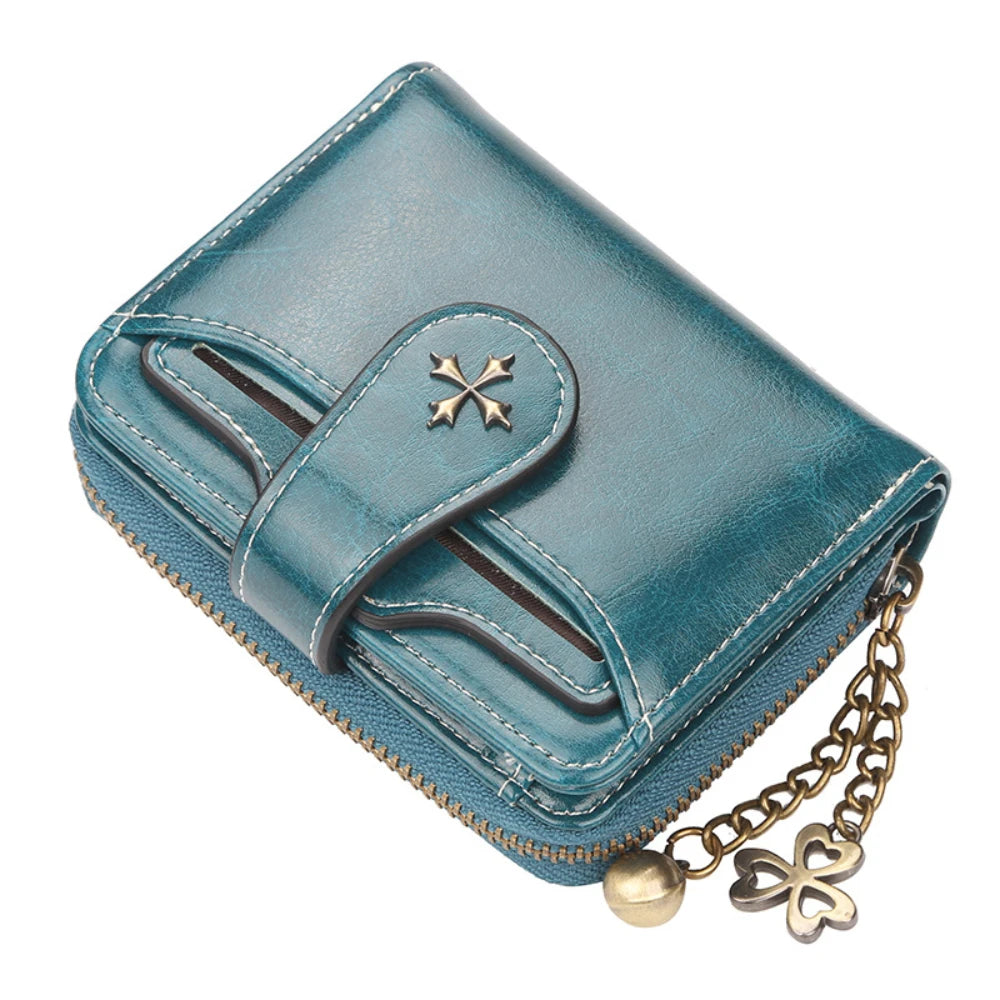 Women's Short Oil Wax Leather Coin Purse Fashion Buckle Zipper Wallet Driver's License Card Bag.