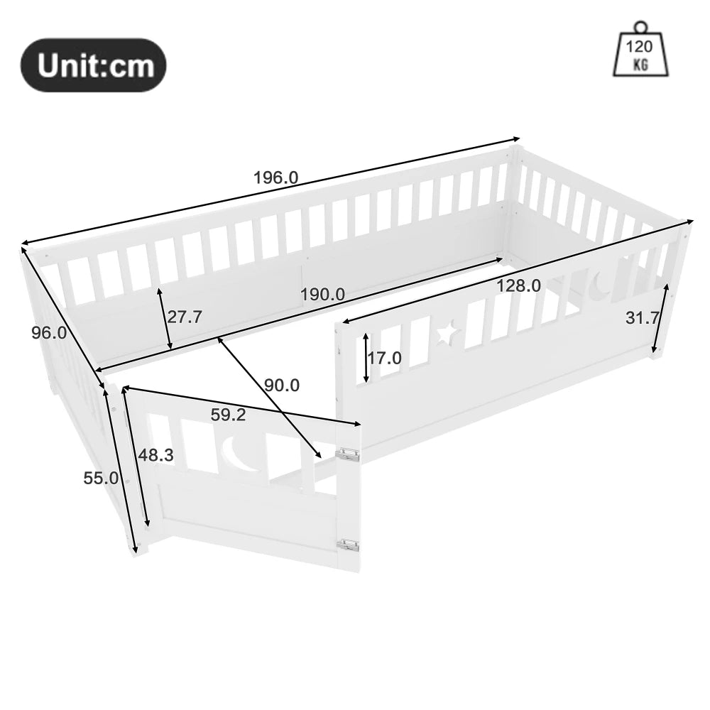 Panelbett 140 x 190 cm großes Kinderbett mit Gitter, Stern- und Monddekoration, ohne Gitter (ohne Matratze), minimalistischer Stil