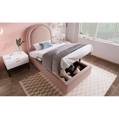 Rosa Samt-Einzelbett 90 x 200 cm für Kinder, Jungen, Mädchen, Kinderbettgestell, Kinderbett ohne Matratze