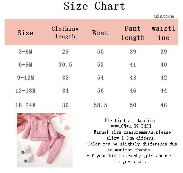 0-24 Months Baby Girl Set Solid Color Twist bar Tops+Long Pants 2pc/Set Baby Girl Spring  Autumn Fashion Set Toddlers' Clothing.