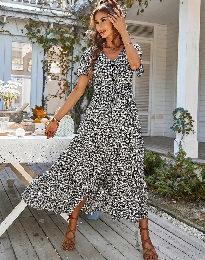 Damen Vintage Lange Blumen Druck Sommer Kleid Frauen Lose Beiläufige Taste Böhmischen Strand Kleid Frauen Sommerkleid Robe Vestidos Weibliche.