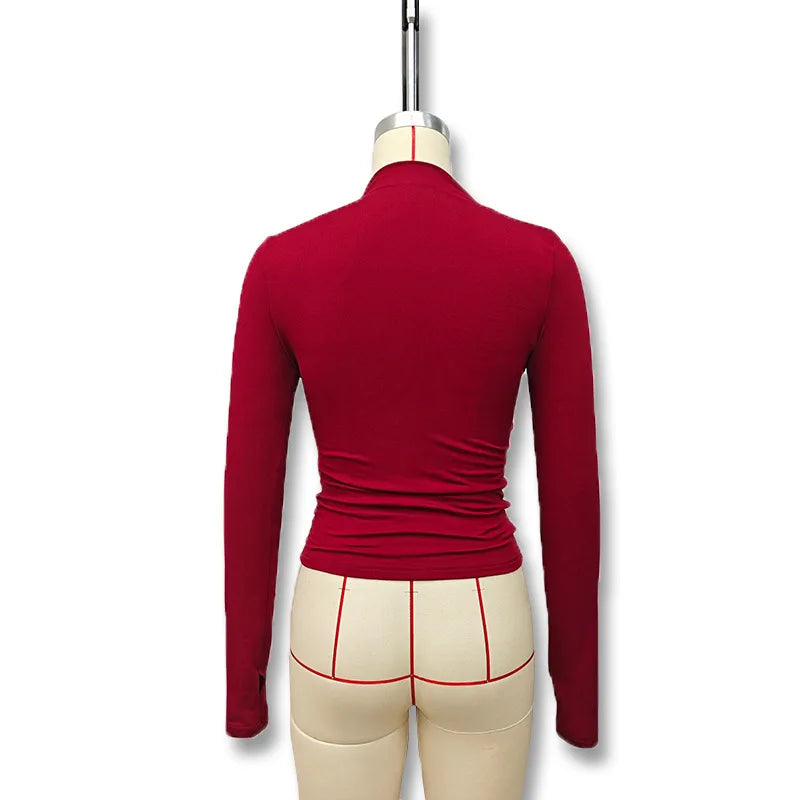 New fashion women's casual slim fit pleated high neck long sleeved solid color top t-shirt.