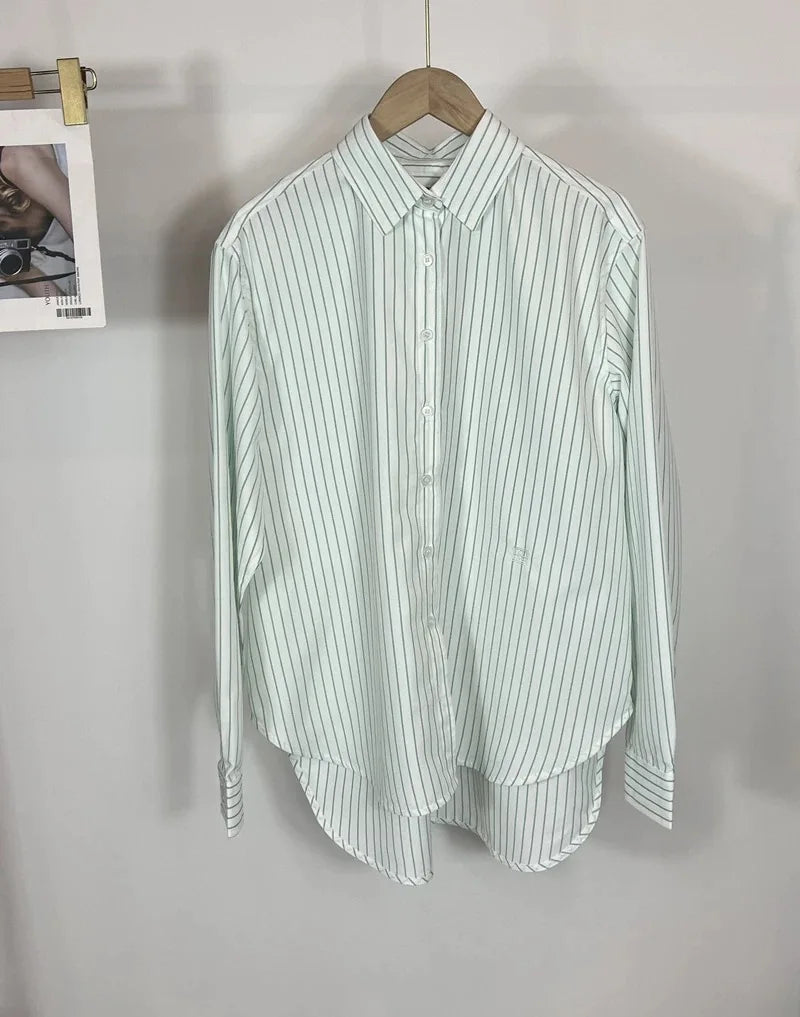 LUXURY Women's Vertical Striped Shirt, Short Front and Back, Short, Vertical Striped Shirt, Loose Long Sleeve, Commuter Style.
