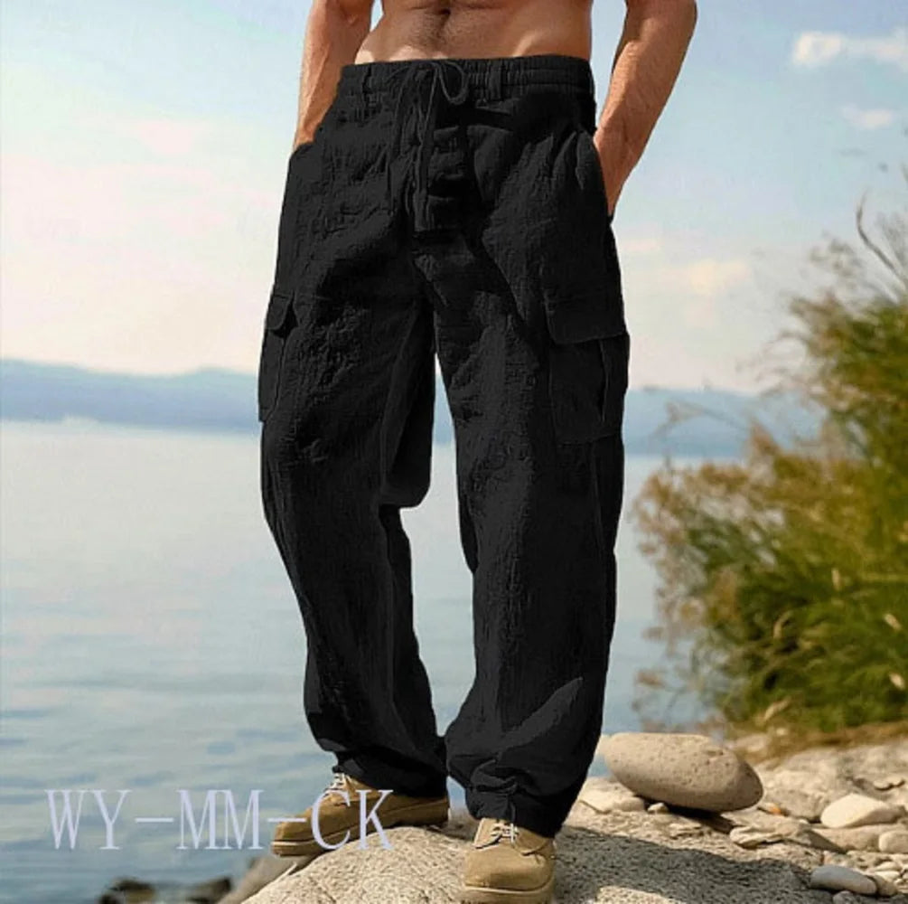 European And American Men's Cotton And Linen Trousers Multi-pocket Work Pants Loose Straight Sportswear And Casual Trousers.