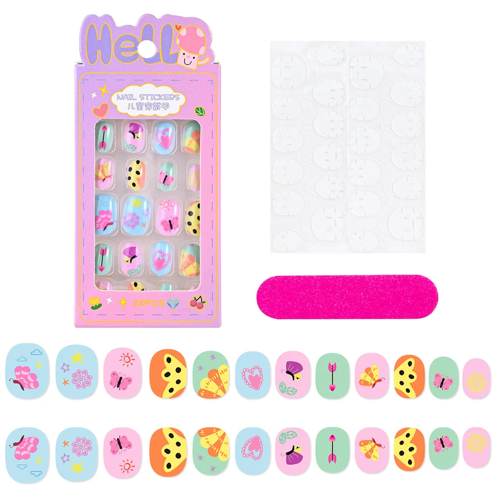 24Pcs/box Kids nails for Girl Cartoon Pattern False Nail Cute Child Fake Nails Tips Kawaii Acrylic Artificial Press on Nail+Tool