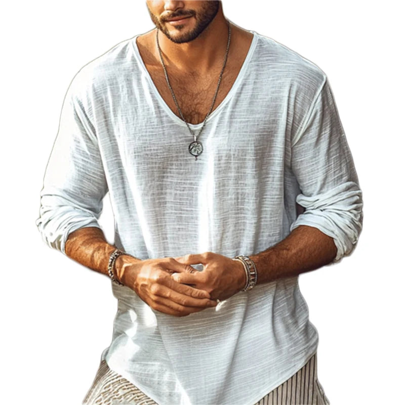 2025 Spring Summer Breathable Thin T-shirts Mens Casual Solid Color Long Sleeve Pullover Tops Men Leisure Loose V Neck T Shirt.