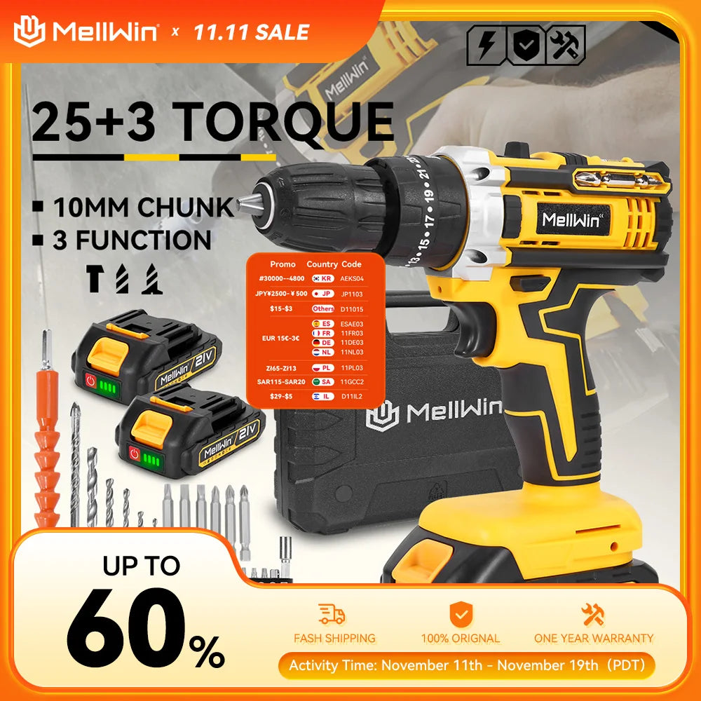 MELLWIN 25 + 3 Drehmoment Elektrische Schlagbohrmaschine Mehrzweck Akku-elektrische Schraubendreher DIY Power Tool Für Makita 18V Batterie Pin