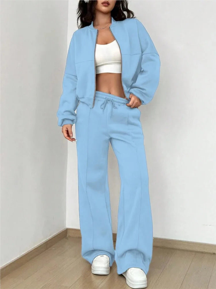 Autumn Winter New Cardigan Zipper Slim Two-piece Sets Women Casual Jakcet Coats Wide Leg Pant Set Fashion Female Clothing Suit.