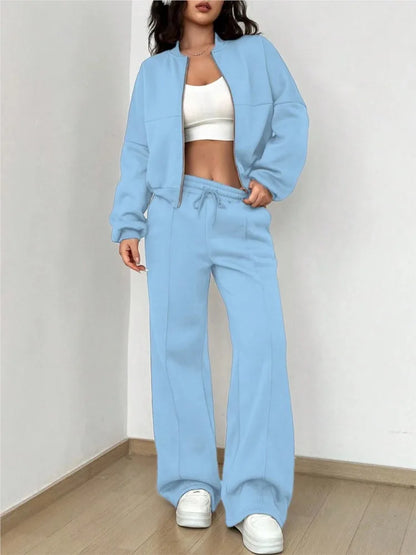 Autumn Winter New Cardigan Zipper Slim Two-piece Sets Women Casual Jakcet Coats Wide Leg Pant Set Fashion Female Clothing Suit.