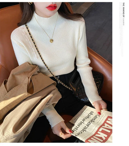 Langarm Beiläufige Dünne Pullover Mode Taste Grundlegende Gestrickte Tops Frauen Rollkragenpullover Koreanische Mode Einfache Chic Kleidung