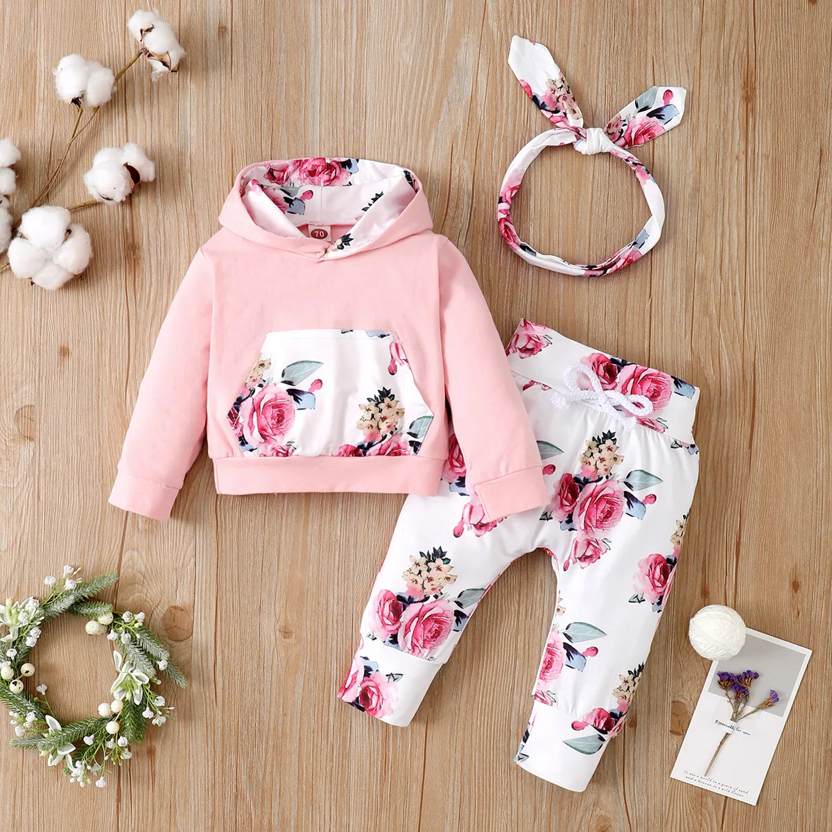 0-18 Months Toddler Baby Girl 3PCS Hooded Clothes Set Flowers Print Long Sleeve Top+Pant+Bowknot Headband Fashion Autumn Outfit.